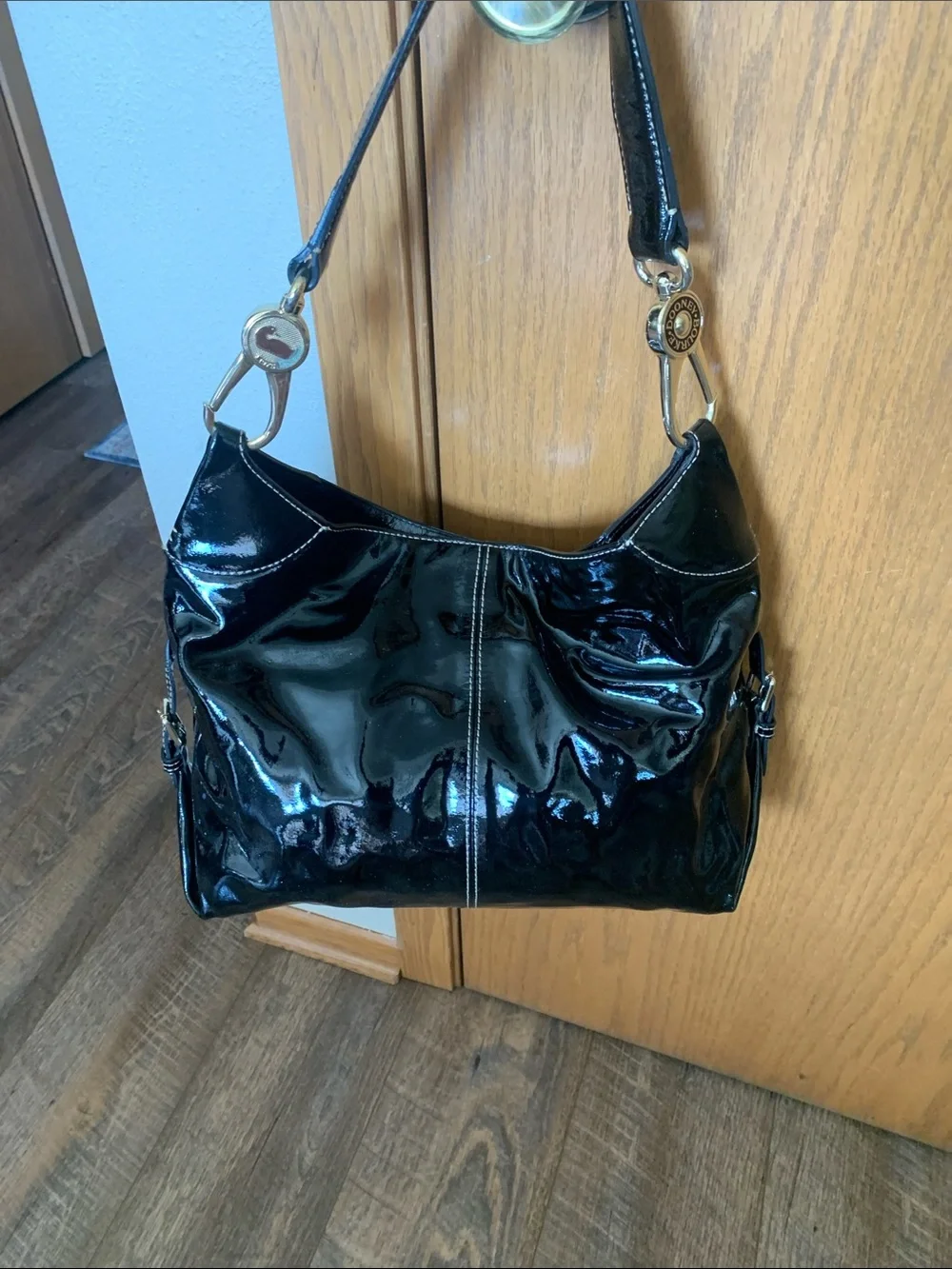 Dooney and Bourke vintage Patent Leather Shoulder Bag with Gold Hardware - Black